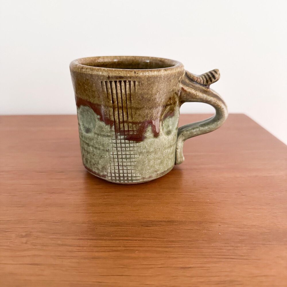 Vintage Studio Pottery Mug Earthy Green Brown Drip Textured Cup